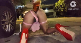 Shemale in pink lingerie taking 1l beer enema in the street